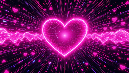 Glowing pink heart with neon lines and hearts on black background