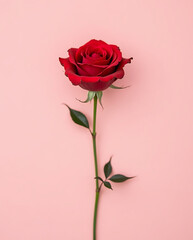 Top view of beautiful single dark red rose with green leaves centered on soft pink background studio