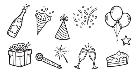 Obraz premium New year celebration doodle style vector graphic party supplies decoration