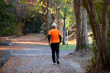 Fototapeta premium 秋の公園でジョギングするシニア男性の姿と紅葉の風景