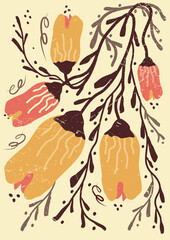 Floral, abstract art. Print design with flower, leaf, shape, dot, line. pattern, hand-drawn in the style of minimalism. nature design for cover, wall art, invitation, fabric, poster, print. art vector