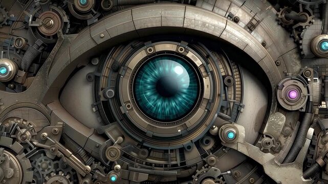 Steampunk mechanical eye surrounded by intricate gears and machinery 