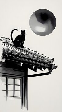 A vintage art scene of a cat and mouse in an old decorated house with a cat on a chair and another on the roof under antique lamp light