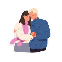 Romantic couple holds hands, cuddles together outdoors in winter. Happy boy and girl love each other. Lovers in outerwear hug, embrace at Christmas time. Flat isolated vector illustration on white