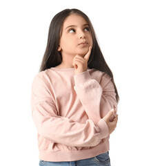 Thoughtful little girl on white background