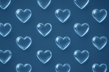 Seamless 3D pattern of translucent glass hearts on a smooth blue background