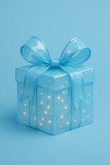 Glossy blue gift box with a glowing ribbon and sparkling lights inside, in a clean minimal background