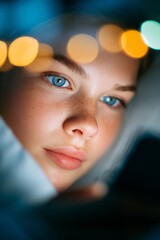 Soft dreamy portrait of a young woman with blue eyes and freckles, illuminated by warm bokeh lights