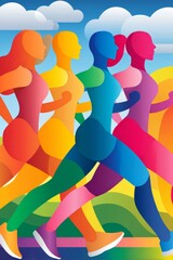 Vibrant abstract illustration of colorful running silhouettes representing energy, fitness, and dynamic motion