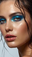 Aqua Blue Eyeshadow Wet Look Makeup Glowing Skin Beauty Portrait
