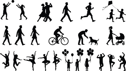 Silhouettes of families, children, and adults enjoying various outdoor activities, showcasing movement, play, exercise, joy, leisure, bonding, and active lifestyle scenes.