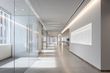Long perspective shot of a corporate hallway featuring a sample display wall and glass doors