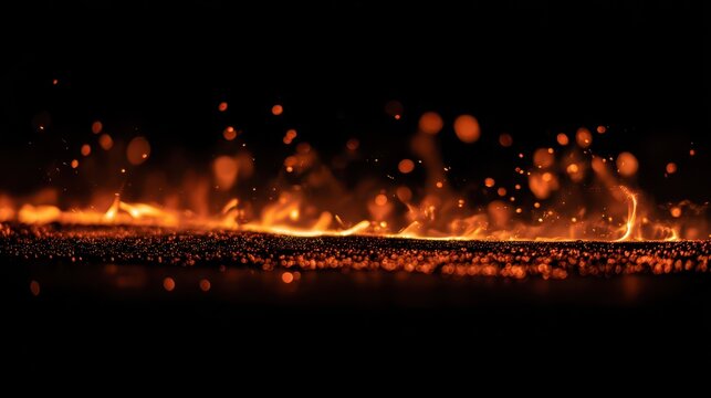 Long row of orange and red flames along a glossy dark plane