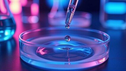 Neon-lit pipette drop over glowing petri dish surface 