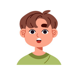 Avatar of shocked child with open mouth. Worried little boy is staring. Portrait of overwhelmed kid with anxious emotions, expression on face. Flat isolated vector illustration on white background