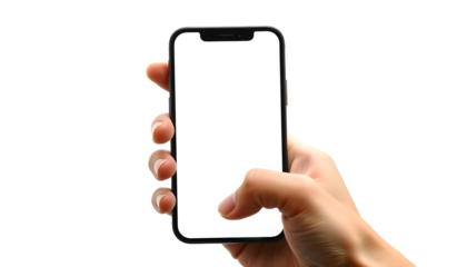 Hand holding Smartphone as png photo and isolated on white background for your mobile phone app or web site design, logo Global Business technology