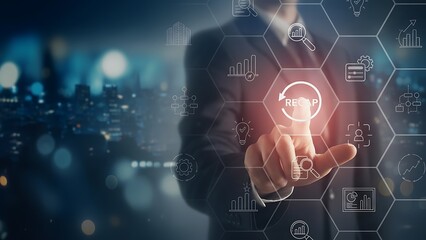 A visionary business executive expertly interacts with a futuristic digital interface, activating a symbolic restart, and setting in motion a dynamic business strategy.