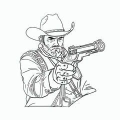 Detailed Black and White Line Art Illustration of a Bearded Cowboy Gunslinger in Classic Wild West Attire Aiming His Revolver Directly at the Viewer with Intense Expression Ready for a Duel