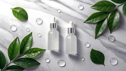Two cosmetic dropper bottles with green leaves and water drops on marble background