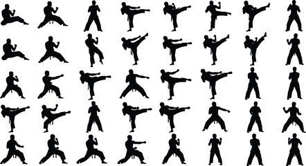 Dynamic Martial Arts Silhouette Vector Collection: High-Energy Karate, Taekwondo, and Judo Fighters in Action Poses, Ideal for Sports Design Projects.