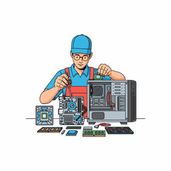 vector illustration of a person assembling a PC