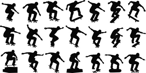 Skateboarding Tricks Silhouette Vector Pack: Dynamic Collection of Skater Jumps, Flips, Grinds, and Action Poses for Extreme Sports and Urban Lifestyle Graphics.