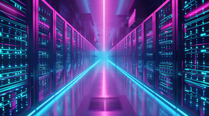 Data center infinity: Server racks illuminated by vibrant neon pink and blue light strips, creating a futuristic hallway