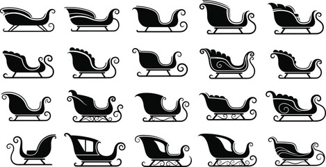 Vintage Christmas and Santa Claus Sleigh Silhouette Icon Set. Collection of Traditional Winter Transport Sleds, Sledge, and Cutter Vehicles Isolated Vector Illustration.