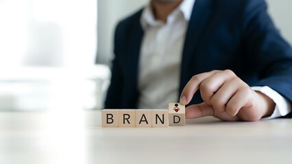 A business person placing the last block on the BRAND word. Illustrating the concept of branding and building a successful brand identity.