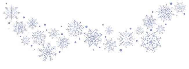Winter border with light blue snowflakes on white background. Minimal festive garland for Christmas and New Year decoration. Frosty elegant design for greeting card or banner. Flat © Dilara