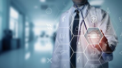 A doctor examines medical data through a modern interface, conveying health care expertise in a professional and tech-driven setting.