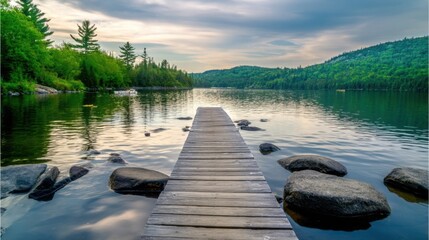 Fototapeta premium A serene lakeside scene with a wooden pier extending into calm water,