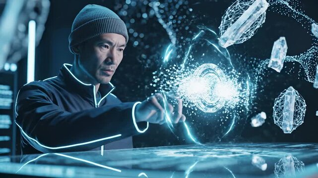 Man touches holographic crystals floating above futuristic desk surface. Developer man interacts with digital crystals interface. Man manipulates holographic objects. Crystals hover while man works.
