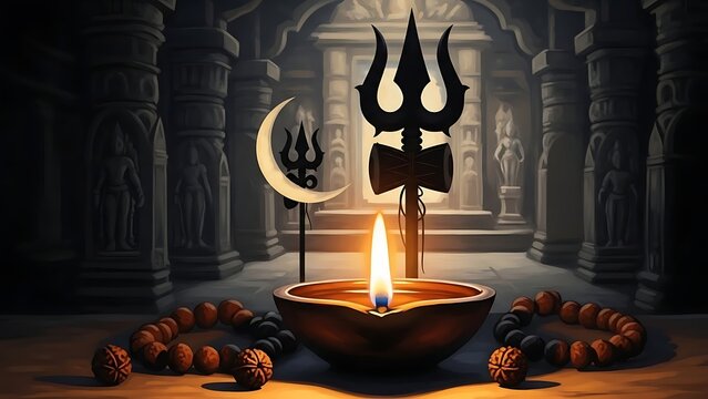 Lord Shiva Trisul - Sacred symbols illuminated by a single flame