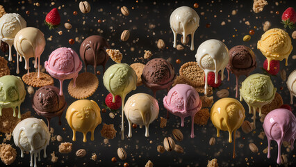 A luxurious and hyper-realistic pattern of ice cream scoops, scattered chaotically on a deep black background, with dynamic flying crumbs and splash effects around.