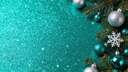 Sparkling Teal Christmas Background with Silver and Aqua Ornaments and Pine Branches for Festive Holiday Design