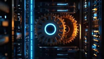 Intricate bronze gears with a glowing blue core illuminate a dark server rack symbolizing complex digital mechanics and powerful data processing systems