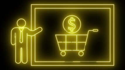 Neon businessman presenting a shopping cart and dollar sign illustration