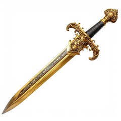 Obraz premium Gold-bladed sword, intricate hilt, black handle on white