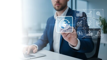 A businessman in a tailored suit interacts with a transparent virtual interface, highlighting digital technology and finance.
