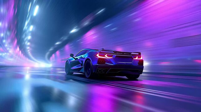 Bottom Angle: A fast blue sports car drives through a neon blue and pink tunnel. Sports car in motion. 4K animation.