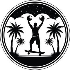 Tropical Night Skateboarder Silhouette Vector Design, Palm Trees and Starry Sky, Summer Beach Skateboarding Adventure, Youth Freedom Logo Icon, Exotic Vacation Sport Graphic, Black and White Emblem