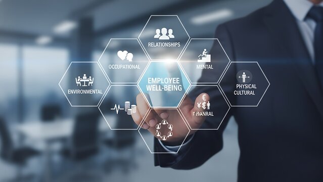 A professional, impeccably dressed, is offering an informative presentation about employee wellbeing and health, using an augmented reality display to highlight key areas.  - Powered by Adobe