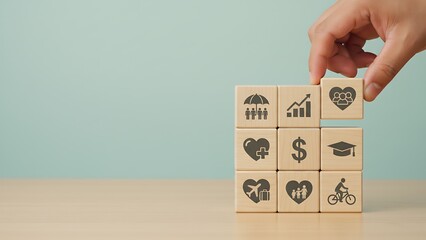 A hand carefully places a block into a set, each displaying various icons related to well-being, symbolizing the holistic nature of life insurance and the value of planning.