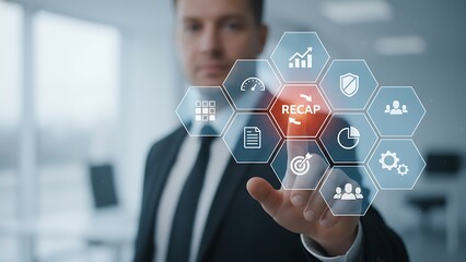 An executive man is presenting business data analysis, with interactive graphic interface projecting a recap to a audience.