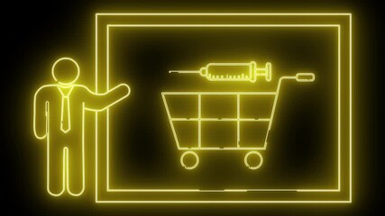 Neon illustration of a businessman promoting a shopping cart with a syringe, representing health and commerce.