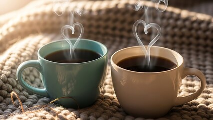 Fototapeta premium Two steaming coffee mugs with heart shaped steam rising on a cozy knitted blanket