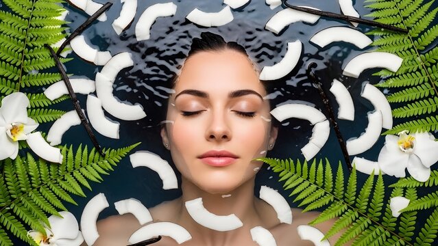 A serene woman's face emerges from a luxurious spa bath filled with coconut slices and tropical foliage