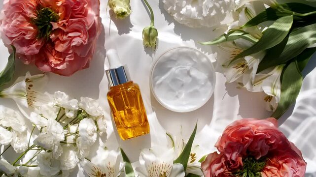 Bottle of serum and cream. Water texture with waves and reflections sunlight and shadows in slow motion. Sun and shadows. Clean pool ripples and wave. Advertising goods, cosmetic products. 4k