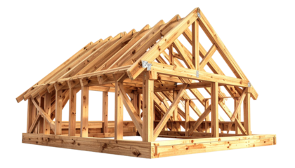 Wooden roof truss structure isolated on transparent background, carpentry detail, clean technical presentation, sharp engineering lines.